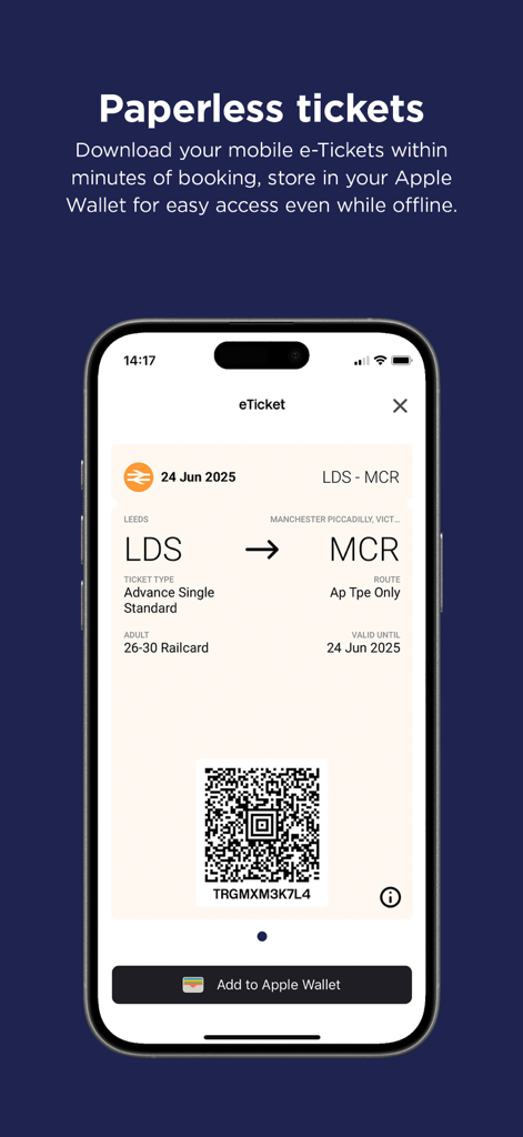 A mobile phone displaying a digital train ticket with a QR code for a journey from Leeds to Manchester within the TransPennine Express app