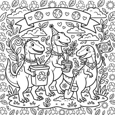 Join a trio of friendly theropod dinosaurs as they celebrate Earth Day with an engaging and educational coloring page. This delightful scene encourages environmental awareness through recycling, planting, and promoting peace.