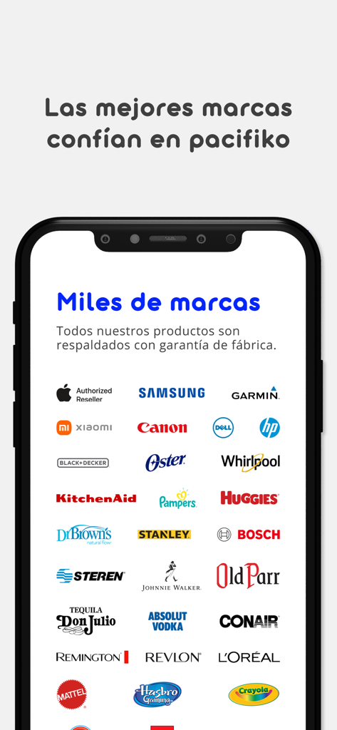 Pacifiko - Mobile screen showing logos of famous global brands like Apple, Samsung, and L'Oreal available for shopping on Pacifiko.