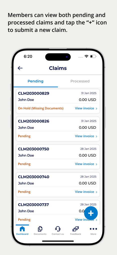 A screenshot of the Cosmos Insurance app displaying a list of pending medical claims with a button to submit new ones.