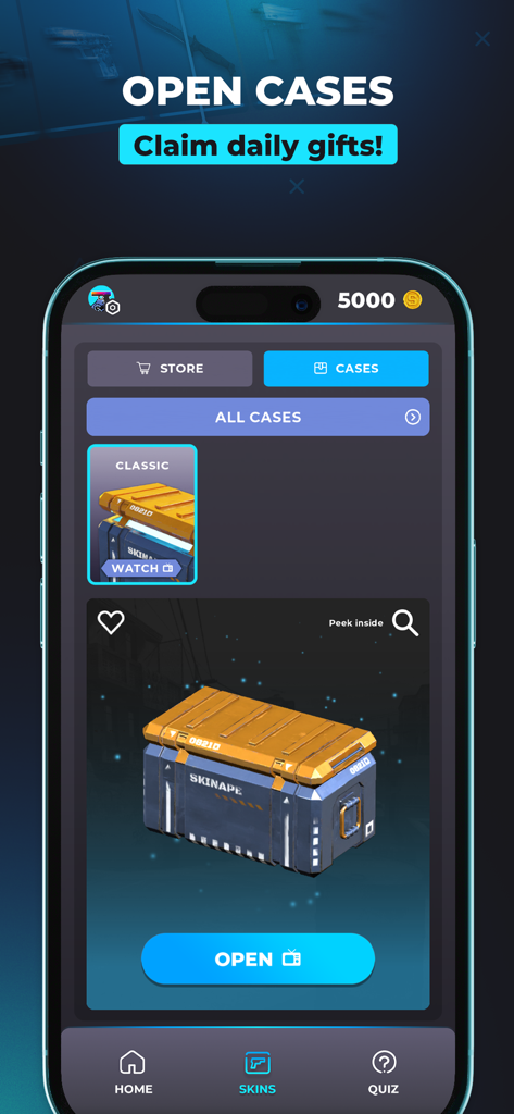 Interface of the SkinApe CS2 app showing a classic loot case ready to be opened on an iPhone screen.