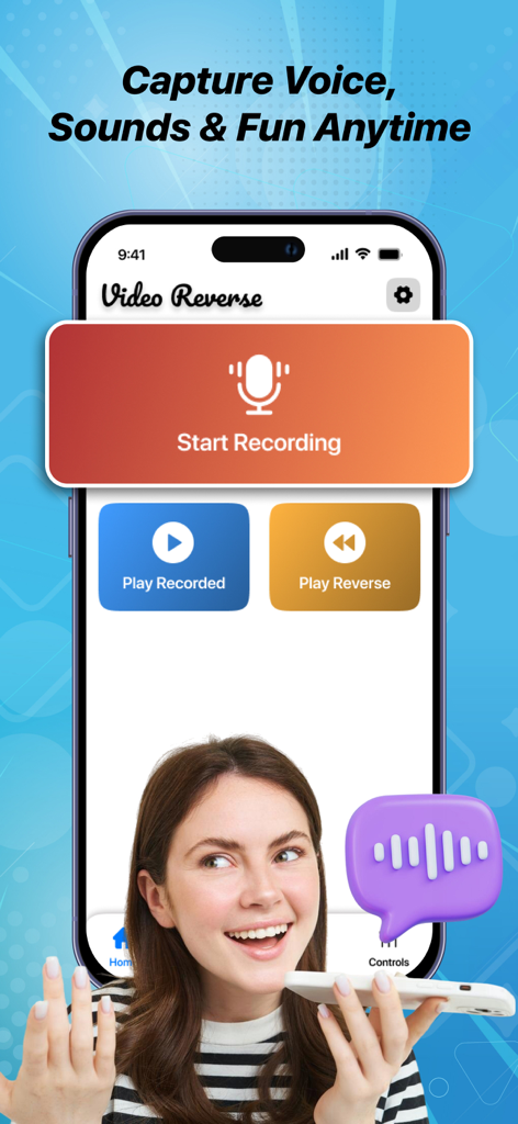 A smartphone showing the Reverse Audio app interface with a start recording button and a young woman using the app