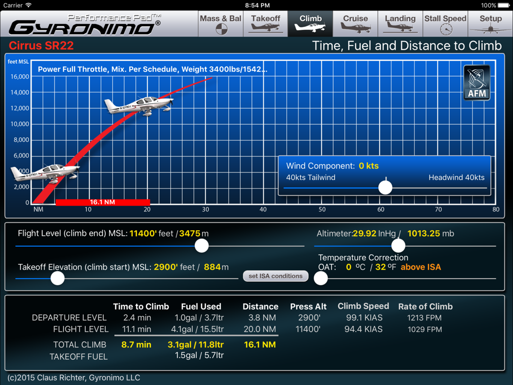 Cirrus SR22 - iPad interface showing climb performance calculations for the Cirrus SR22 including time fuel and distance to climb
