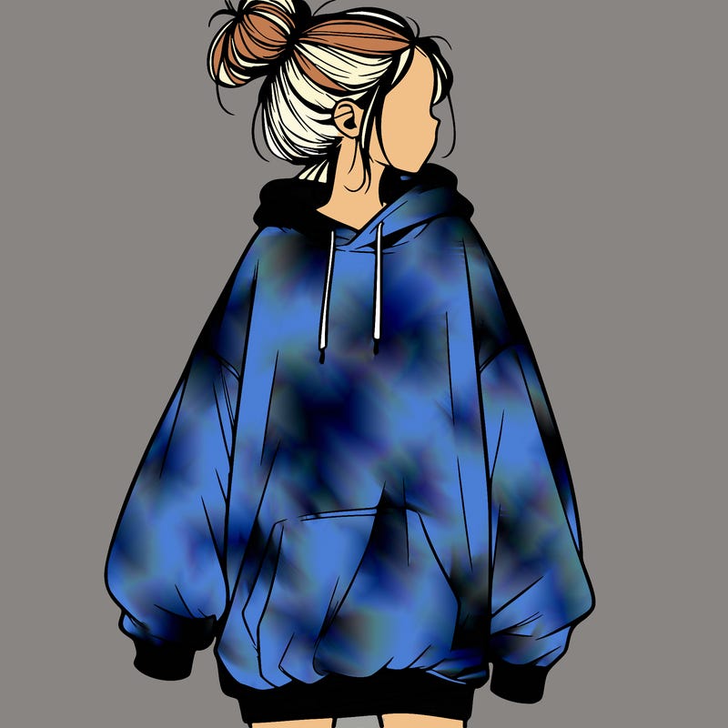 realistic girl with a oversized sweatshirt on and a bun