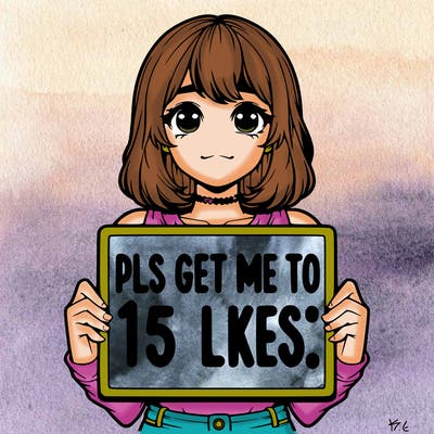 realistic girl holding up a sign that says “pls get me to 15 likes!”