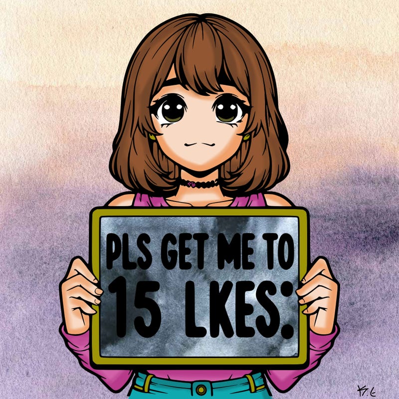 realistic girl holding up a sign that says “pls get me to 15 likes!”