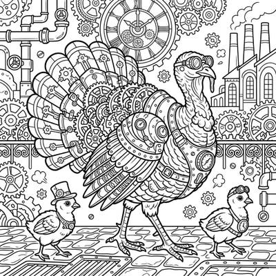 Embark on an imaginative journey with this captivating steampunk turkey coloring page, featuring a grand mechanical turkey and her adorable clockwork chicks. This intricate design is perfect for coloring enthusiasts of all ages who love detailed illustrations and unique themes.