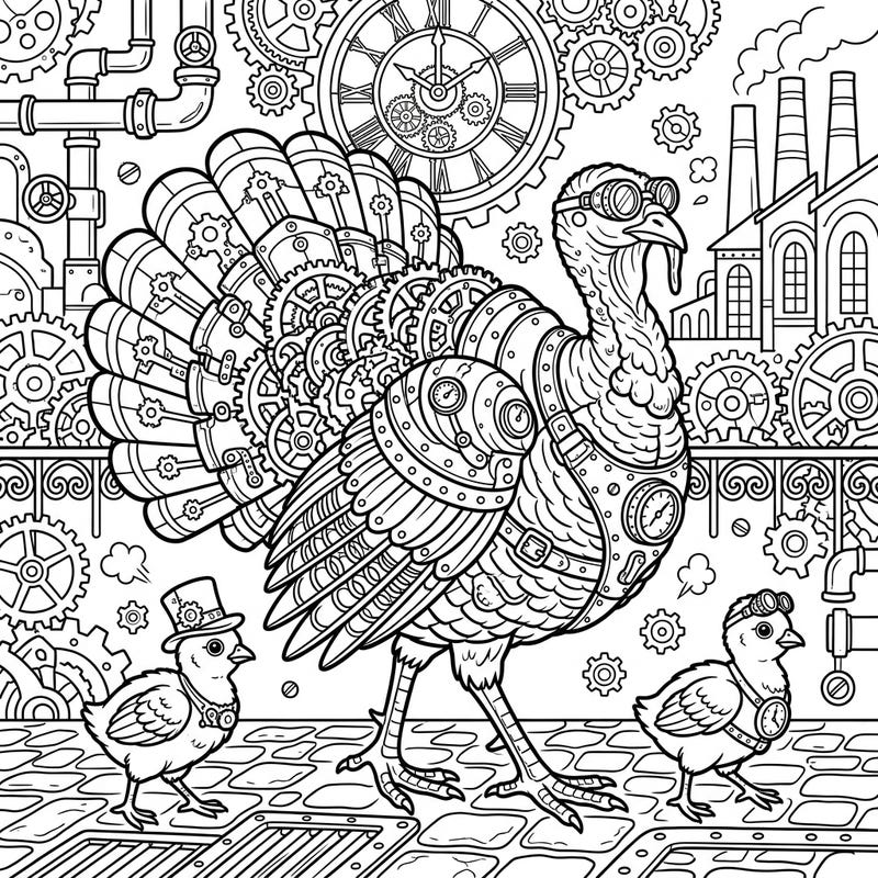 Embark on an imaginative journey with this captivating steampunk turkey coloring page, featuring a grand mechanical turkey and her adorable clockwork chicks. This intricate design is perfect for coloring enthusiasts of all ages who love detailed illustrations and unique themes.