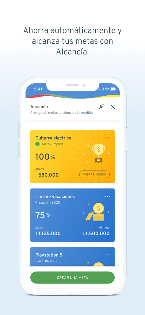 Pantalla de Alcancía de la aplicación móvil Bci mostrando metas de ahorro personales y seguimiento de progreso para una guitarra eléctrica y vacaciones