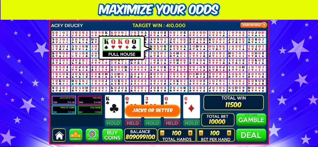 100ハンドのグリッドとハイライトされたフルハウスを示すAcey Deuceyバリアントのマルチハンドビデオポーカーゲームプレイ画面
