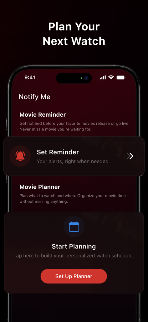 NetMirror APP - Watch Movies - A screenshot of the NetMirror app showing movie reminder and watch planning features on an iPhone
