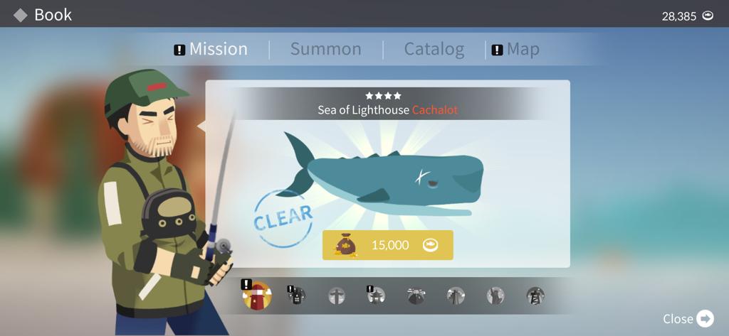 Ein Menübildschirm in Fishing and Life, der eine abgeschlossene Mission für einen Pottwal zeigt.