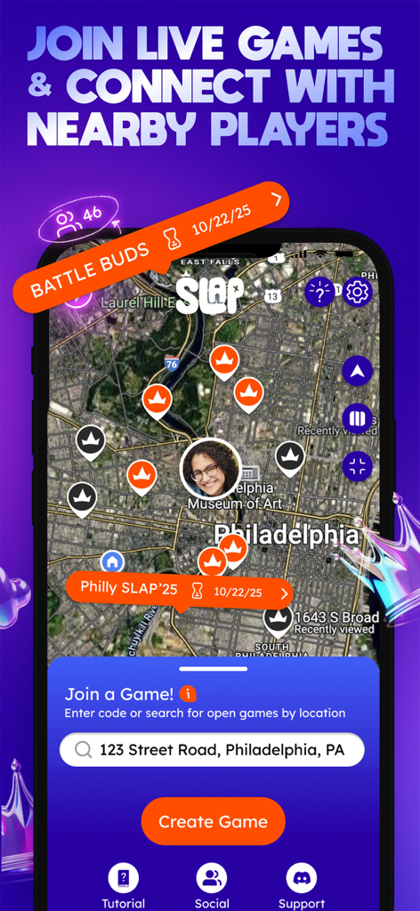 SLAP app interface showing a live map to find and join nearby IRL games