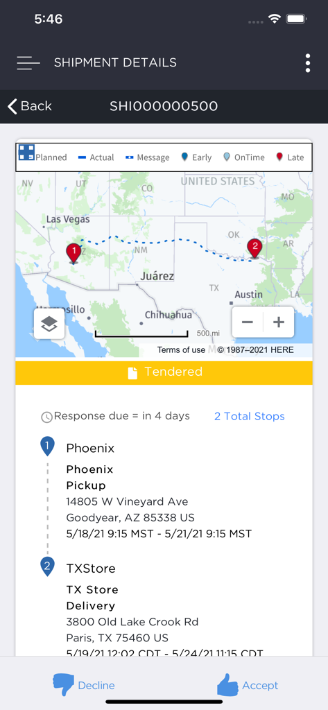 Manhattan TM Carrier - Shipment details screen showing a map route between Phoenix and Paris with load tender acceptance options