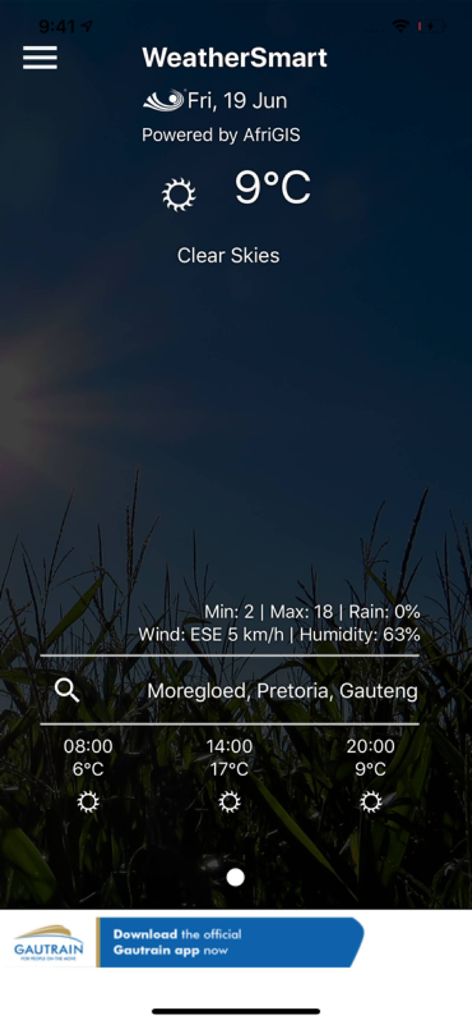 WeatherSmart - WeatherSmart app interface displaying current weather and temperature for Pretoria South Africa