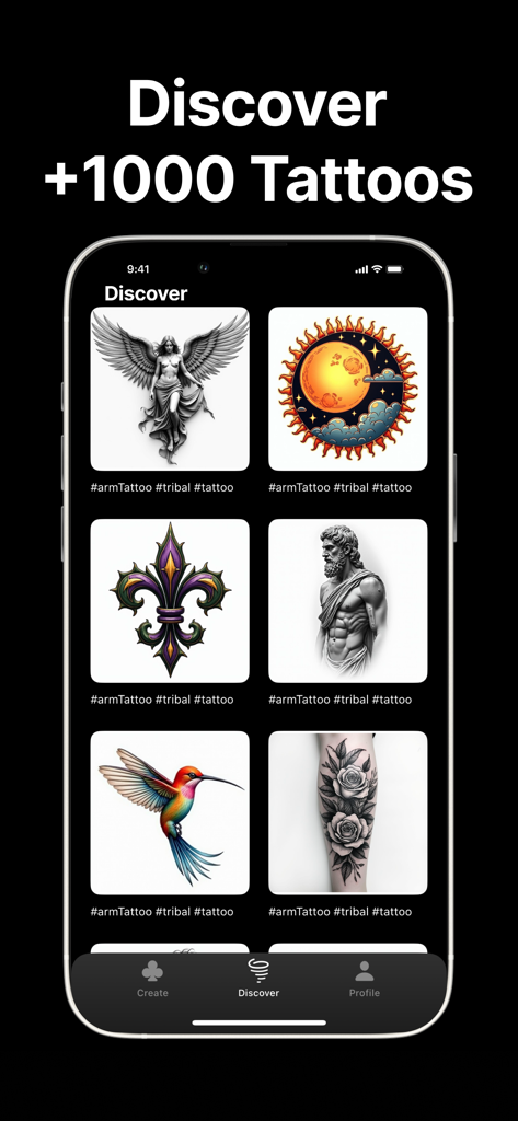 Ink AI: Tattoo Generator - Ink AI app interface showing a discover gallery with various tattoo designs like an angel a hummingbird and a rose