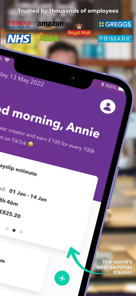 wac - shift & earnings tracker - A smartphone screen displaying the wac app interface with a payslip estimate and hours worked for an hourly employee.