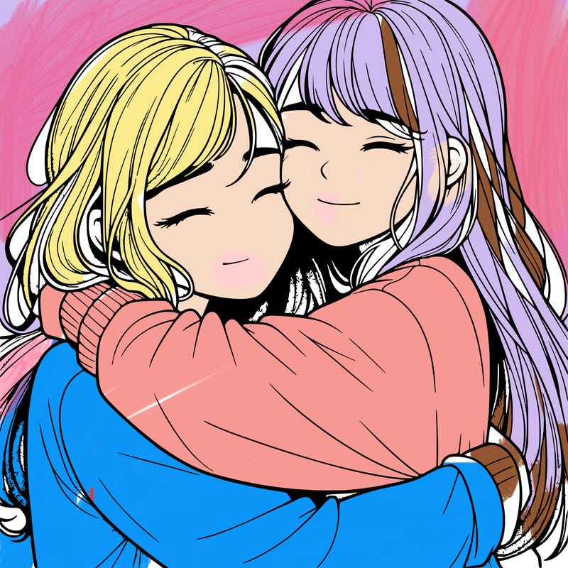 realistic two girls hugging