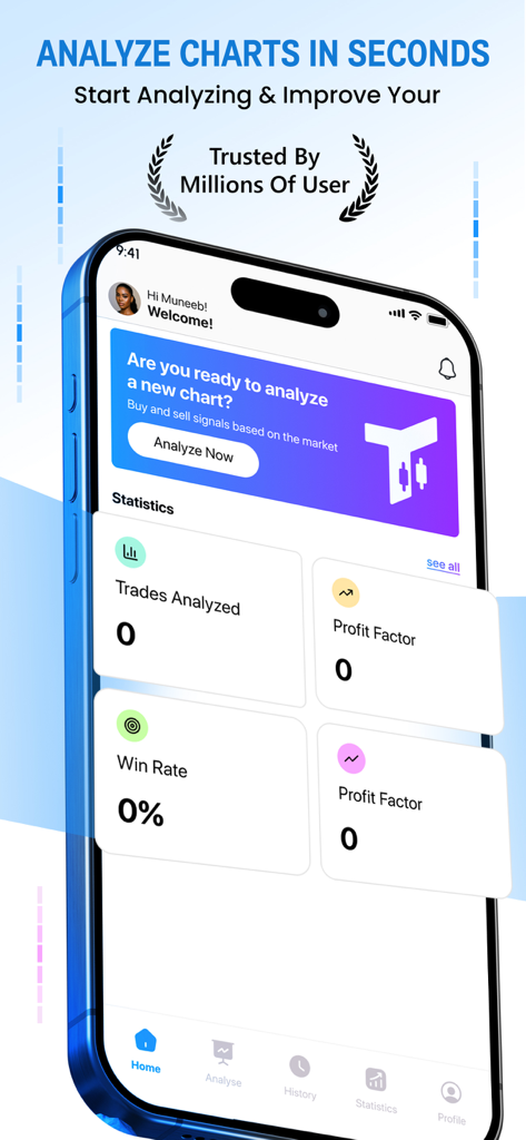 Tradvio AI mobile app home screen showing trading statistics and chart analysis interface