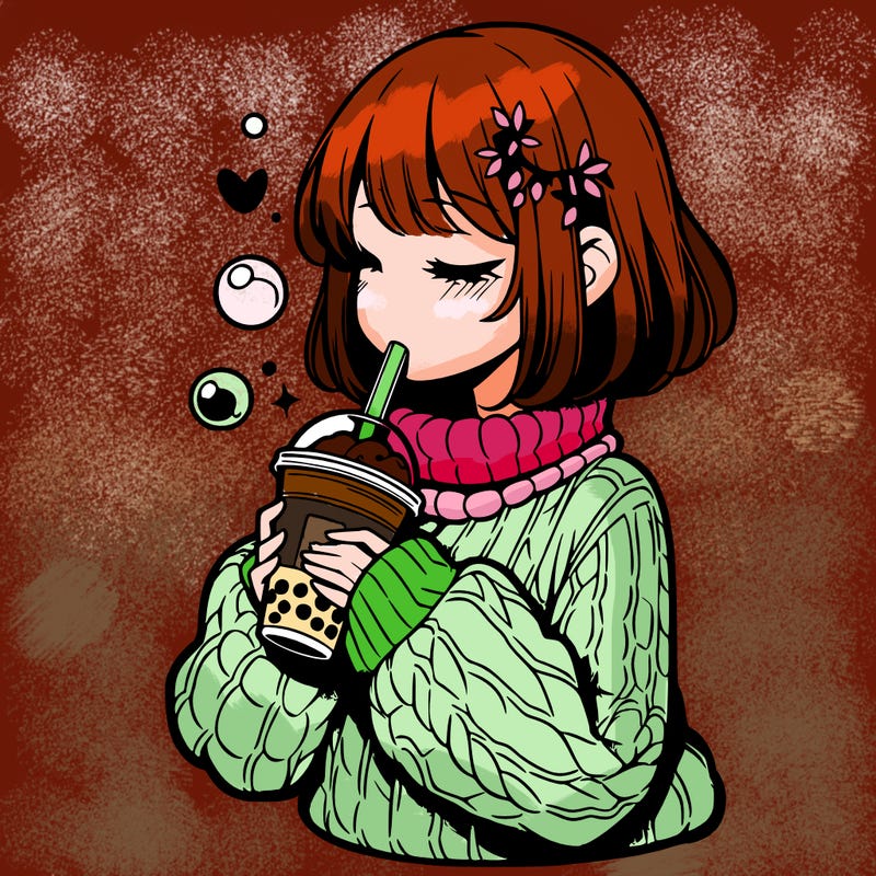 manga girl drinking boba in cozy sweater