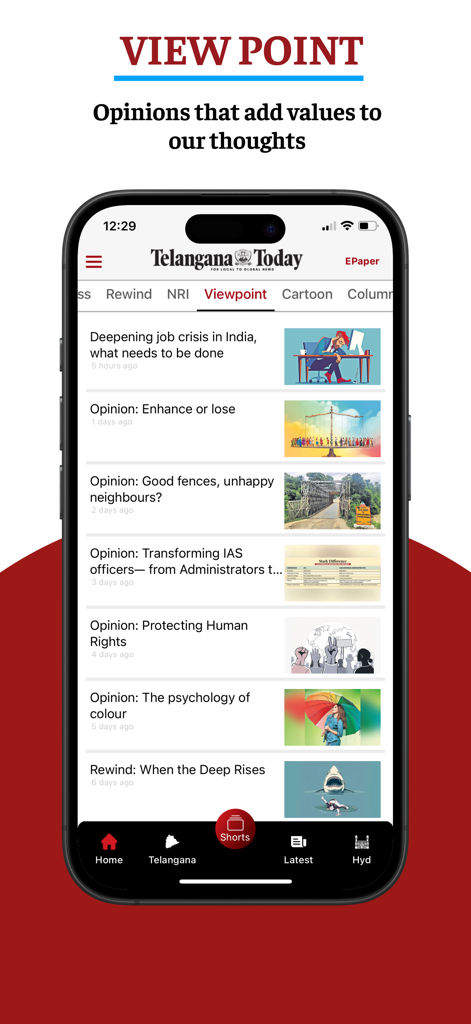 Telangana Today - Screenshot of the Telangana Today app's View Point section featuring opinion and editorial articles on a smartphone.