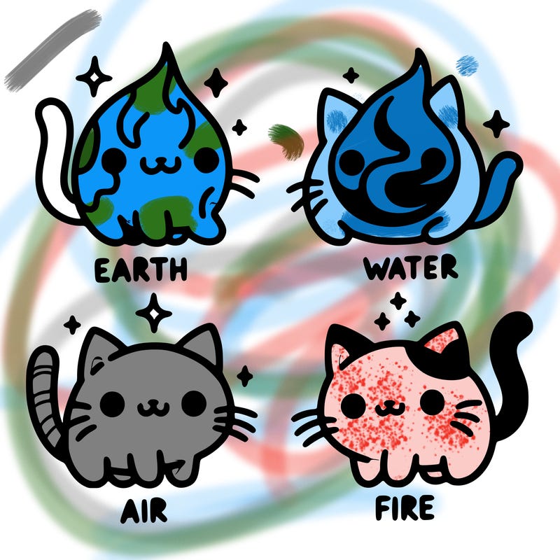 4 cats that represent the different elements, earth, water, air, and fire