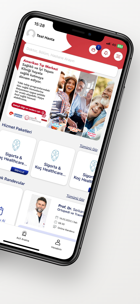 Écran d'accueil de l'application mobile Koc Healthcare affichant les services de santé et les rendez-vous