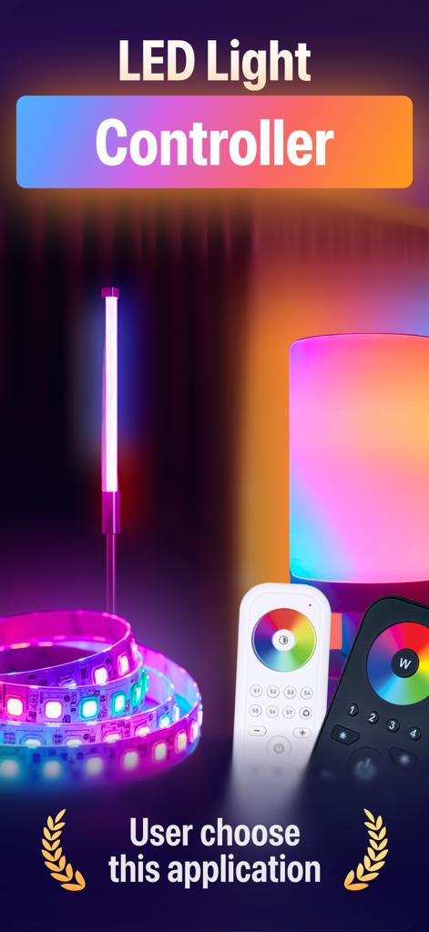 LED Light Controller・Remote - Promotional image for LED Light Controller app showing smart light strips, lamps, and physical remotes