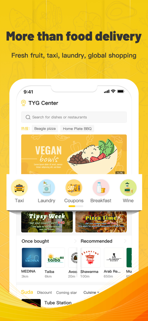 Interfaccia dell'app mobile JSS Food Delivery che mostra servizi bilingui per cibo e lifestyle, inclusi taxi e lavanderia