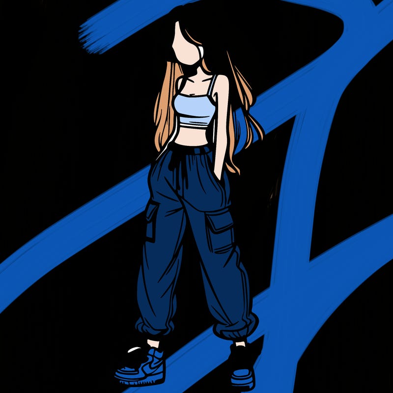 girl in baggy pants crop top and long hair