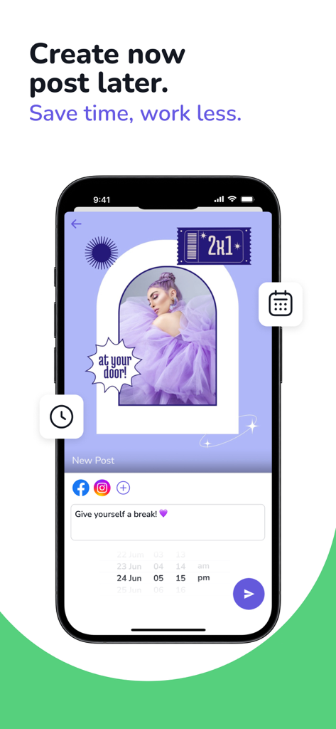 Interface montrant comment planifier une publication sur les réseaux sociaux avec un design de flyer personnalisé sur Facebook et Instagram.