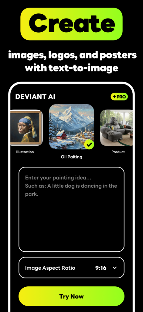 DeviantArt AI - Interface of DeviantArt AI app showing options to create images logos and posters using text to image prompts