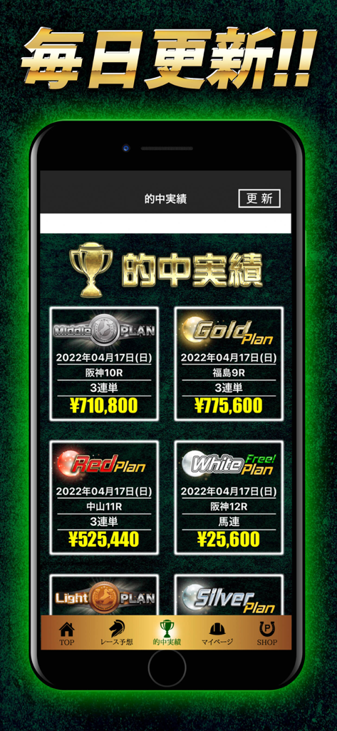 競馬予想 競馬RAINBOW-中央競馬・地方競馬｜競馬予想 - 다양한 등급의 플랜에 걸쳐 일본 엔화로 성공적인 경마 베팅 예측과 높은 상금 금액을 보여주는 모바일 화면.