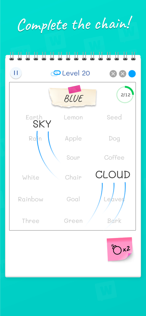 Word Match: Connections Game - A word association puzzle level in the Word Match Connections mobile game showing word links on a notebook background.