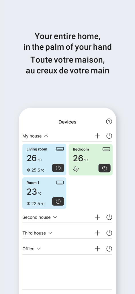 Panasonic Comfort Cloud - Panasonic Comfort Cloud app screen showing temperature and power controls for multiple rooms and houses