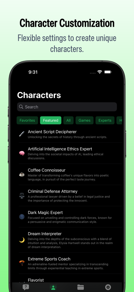 DeepChat - AI assistant - DeepChatアプリインターフェイスに、倫理専門家や刑事弁護士のような専門AIキャラクターのリストが表示されています。