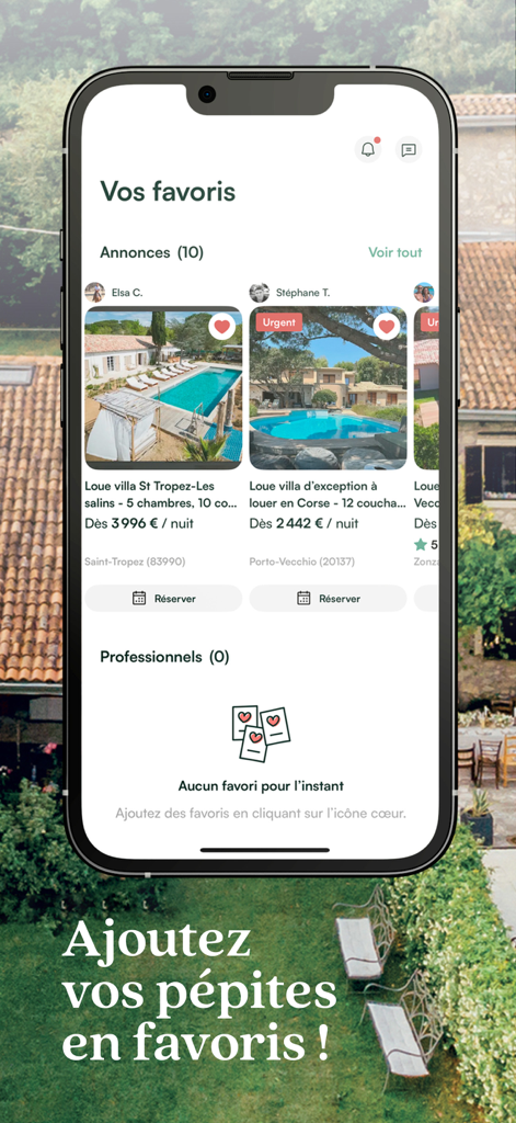 Gens de Confiance mobile app interface displaying a list of favorite luxury vacation rentals.