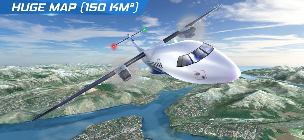 AFPS Airplane Flight Pilot Sim - A white plane flying over a large open world terrain with mountains and lakes