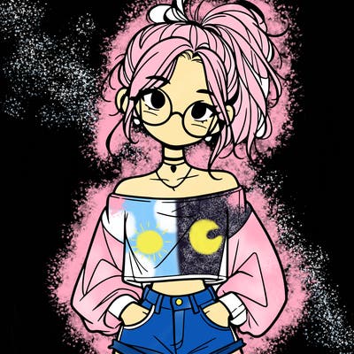 girl with a messy ponytail glasses a baggy crop top and jean shorts