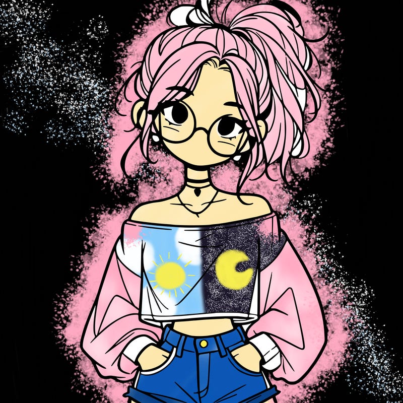 girl with a messy ponytail glasses a baggy crop top and jean shorts