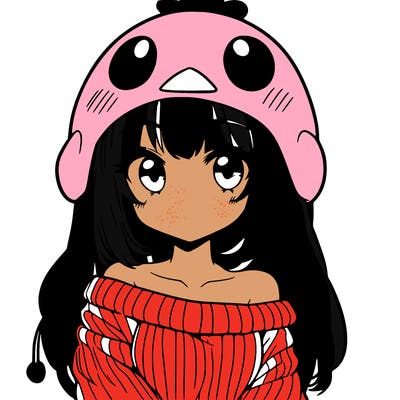anime girl with chick shaped hat with sweater with bare shoulders with bangs covering them one eye with low tail