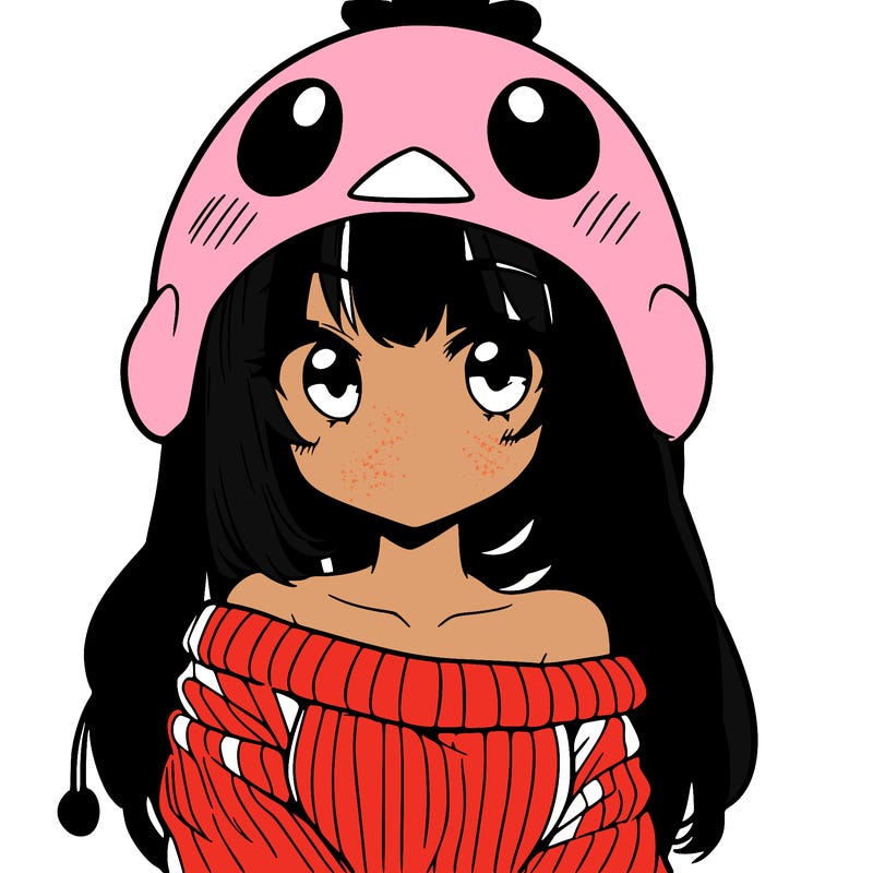 anime girl with chick shaped hat with sweater with bare shoulders with bangs covering them one eye with low tail