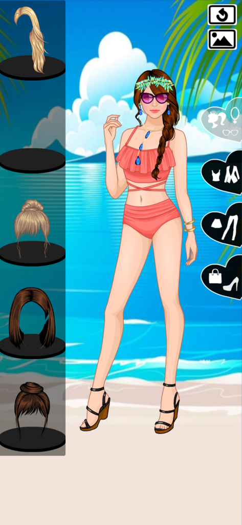 Beat the sun dress up game - A female character in a pink bikini and summer accessories on a tropical beach in the Beat the sun dress up game.