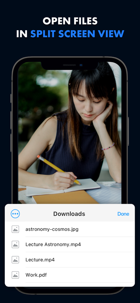 An iPhone showing the Multitasking Split Screen app interface with a downloads list for opening files like PDFs and videos in split view.