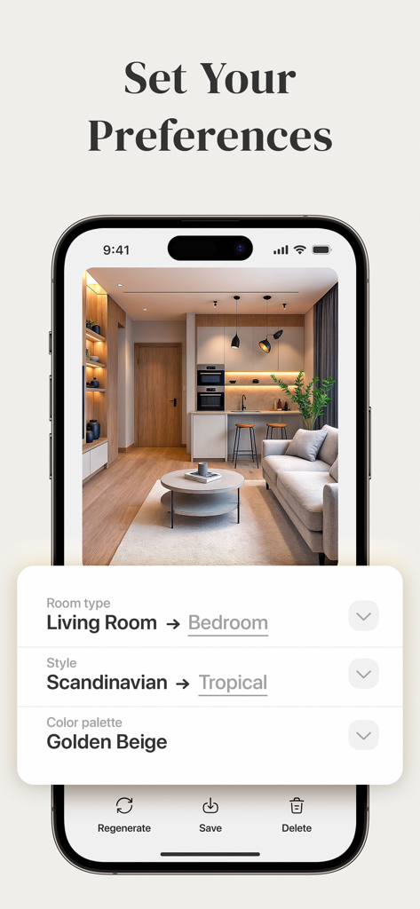 AI Home Design - Decorio - Mobile screen of Decorio app showing room and style preferences for interior design