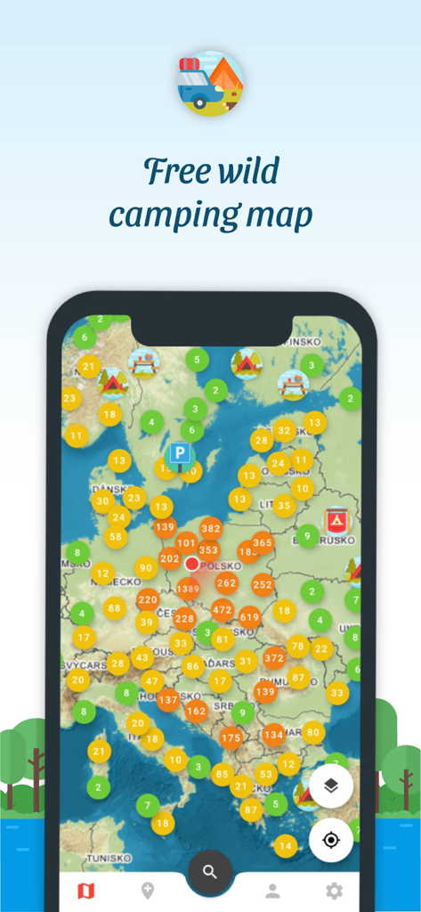 Camp Group - Interface do aplicativo móvel Camp Group mostrando um mapa detalhado de locais de acampamento selvagem e pontos de serviço para RV pela Europa.