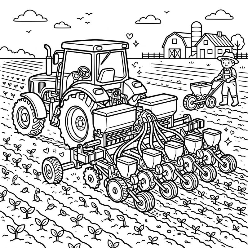 Explore the heart of the farm with this charming coloring page, showcasing a mighty tractor and a dedicated farmer at work planting seeds. It's an engaging way to celebrate agriculture and the start of new growth.