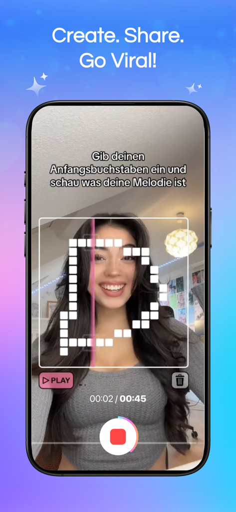 Melodic: Music Draw & Painter - A woman using the Melodic app face-cam to draw a letter on a grid that turns into music for a social media challenge
