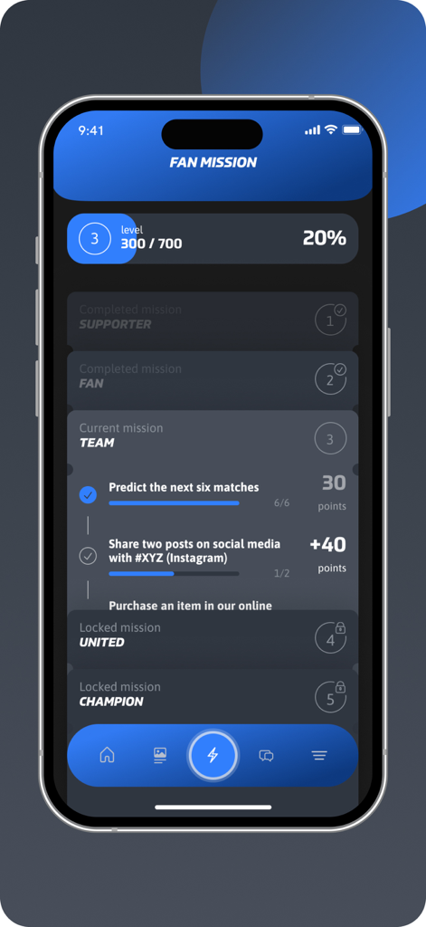 Azul y Blanco - Azul y Blanco app fan mission screen displaying level progress and fan tasks