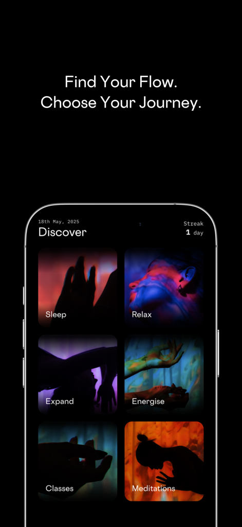 The Breath Haus app interface showing breathwork journey categories like Sleep, Relax, and Energise.